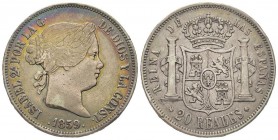 Spain
Isabella II 1833-1868
20 Reales, 1859, Madrid, AG 25.69 g.
Conservation : presque TTB