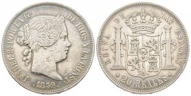 Spain
Isabella II 1833-1868
20 Reales, 1859, Madrid, AG 25.79 g.
Conservation : TTB