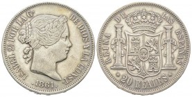 Spain
Isabella II 1833-1868
20 Reales, 1861, Madrid, AG 25.99 g.
Conservation : TTB