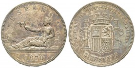 Spain
Gobierno Provisional (1868-1871).
5 pesetas, 1870*18-70. Madrid. SNM, AG 25 g.
Conservation : Superbe
