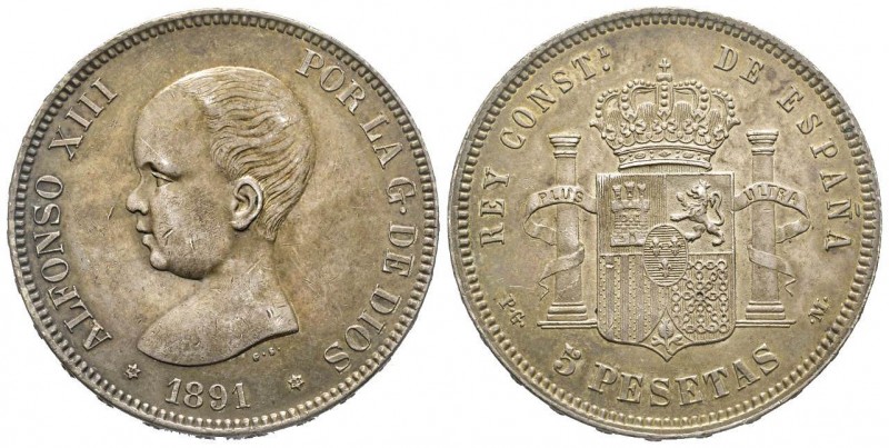 Spain
Alfonso XIII 1886-1931
5 Pesetas, 1891 (*18-91), AG
Ref : KM#689
Conservat...