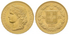 Switzerland
Confederation 
20 Francs, 1891, AU 6.45 g.
Conservation : FDC