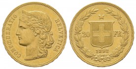 Switzerland
Confederation 
20 Francs, 1892, AU 6.45 g.
Conservation : Superbe
