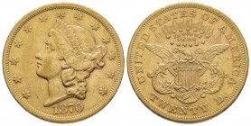 USA
20 Dollars, San Francisco, 1870 S, AU 33.43 g.
Ref : Fr. 175, KM#74.2
Conservation : Superbe