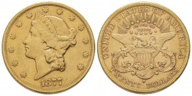 USA
20 Dollars, San Francisco, 1877 S, AU 33.43 g.
Ref : Fr. 175, KM#74.2
Conservation : Superbe