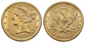 USA
5 Dollars, Philadephia, 1881, AU 8.35 g.
Conservation : Superbe