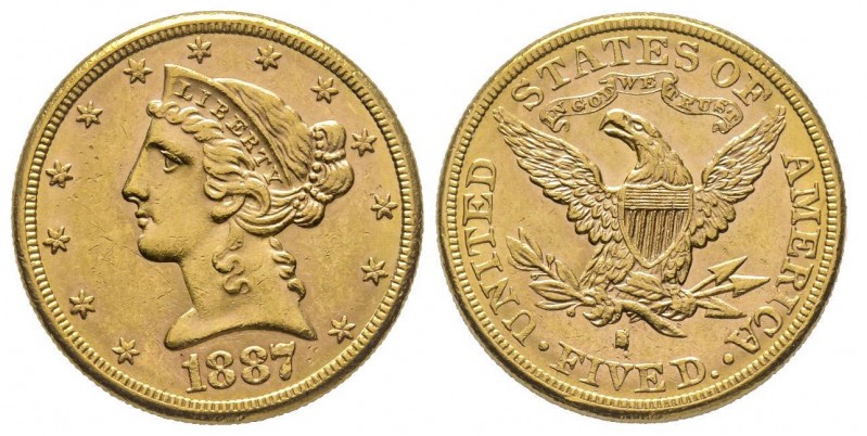USA
5 Dollars, San Francisco, 1887 S, AU 8.35 g.
Ref : Fr. 145, KM#129 
Conserva...