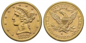 USA
5 Dollars, San Francisco, 1887 S, AU 8.35 g.
Ref : Fr. 145, KM#129 
Conservation : Superbe