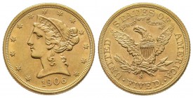 USA
5 Dollars, San Francisco, 1906 S, AU 8.35 g.
Ref : Fr. 145, KM#129 
Conservation : Superbe