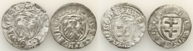 Medieval coins 
POLSKA/POLAND/POLEN/SCHLESIEN

Kazimierz IV Jagiellończyk (1446-1492). Szelag (Schilling), Torun, set 2 coins 

Aw.: Tarcza z krz...