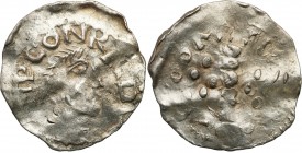 Medieval coins 
POLSKA/POLAND/POLEN/SCHLESIEN

Germany, Konrad II (1027-1039). Denar - RARE 

Pofalowana powierzchnia. Moneta dość czytelna, rzad...