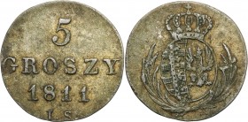 Duchy of Warsaw
POLSKA/ POLAND/ POLEN / POLOGNE / POLSKO

Księstwo Warszawskie, 5 groszy (Groschen) 1811 IS, Warszawa (Warsaw) 

Zielonkawa patyn...