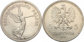 Poland II Republic
POLSKA / POLAND / POLEN / POLOGNE / POLSKO

II RP. 5 zlotych 1928 Nike no mint mark 

Ładny egzemplarz, przetarcie tła.Parchim...