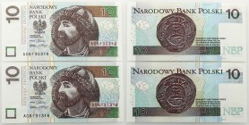 Polish banknotes
POLSKA / POLAND / POLEN / PAPER MONEY / BANKNOTE

10 zlotych 2012 series AO - RADAR, set 2 pieces 

Numeracja radarowa. Banknoty...