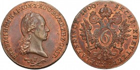 Austria
Austria, Francis II (1792–1835). 6 krajcarow (Kreuzer) 1800 F, Hall 

&nbsp;Bardzo ładnie zachowane. Brązowa patyna.Herinek 1034

Details...