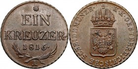 Austria
Austria, Francis II. 1 krajcar 1816 A, Vienna 

Piękny egzemplarz. Czekoladowa patyna.

Details: 8,70 g Cu 
Condition: 1- (UNC-)