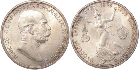 Austria
Austria, Francis Joseph I. 5 crowns (Kronen) 1908, Vienna 

Wybite na 60-lecie panowania Franciszka Józefa I.Pięknie zachowana moneta. Kilk...