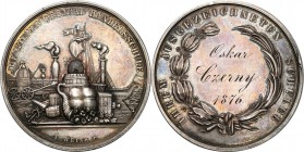 Austria
Austria. Medal for a student of the trade college 1876 

Aw.: Ul i róg obfitości otoczone narzędziami przemysłowymi, w tle lokomotywa parow...