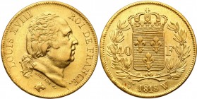 France
Francja, Louis XVIII (1814-1824). 40 francs 1818 W, 

Bardzo ładnie zachowane. Dużo połysku, przetarcie włosów władcy.Friedberg 536

Detai...