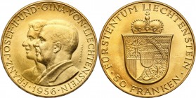 Liechtenstein
Liechtenstein, Francis Joseph II. 50 francs 1956 

Wyśmienicie zachowane.

Details: 11.32 g Au 900 
Condition: 1 (UNC)