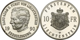 Liechtenstein
Lichtenstein. 10 francs 1990 

Menniczy egzemplarz.

Details: 29,99 g Ag 900 
Condition: L (Proof)