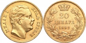 Serbia
Serbia, Milan I. 20 dinarów 1882, Vienna 

Bardzo ładnie zachowany.Friedberg 4

Details: 6,44 g Au 
Condition: 2+ (EF+)