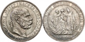 Ungarn
Hungary Francis Joseph I 5 crowns (Kronen) 1907 KB, Kremnica 

Wybita na 40-lecie koronacji Franciszka Józefa IŁadny egzemplarz.Davenport 12...
