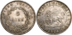 Italy
Włochy, Venice. 5 Lire 1848 - RARE 

Atrakcyjny egzemplarz z duża ilością połysku menniczego. Kolorowa patyna. Rzadka moneta sporadycznie poj...