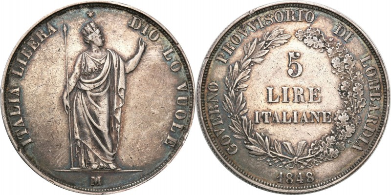 Italy
Włoch, Lombardia. 5 Lire 1848 M, Mediolan 

Ciemna kolorowa patyna. Dav...