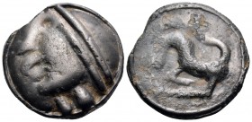 CELTIC, Gaul. Sequani. Circa 70-40 BC. Unit (Potin, 19 mm, 5.09 g, 3 h). Celticized head with headband to left. Rev. Horned animal with S-shaped tail ...