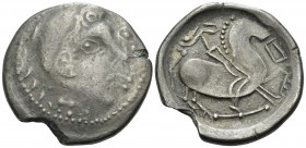 CELTIC, Carpathian region. Uncertain tribe. Late 2nd-early 1st century BC. Tetradrachm (Silver plated bronze, 27 mm, 8.36 g, 9 h), "Herakleskopf" type...