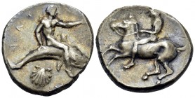 CALABRIA. Tarentum. Circa 430-425 BC. Nomos (Silver, 22 mm, 7.68 g, 7 h). Phalanthos riding dolphin to right; below, scallop shell. Rev. Nude rider on...