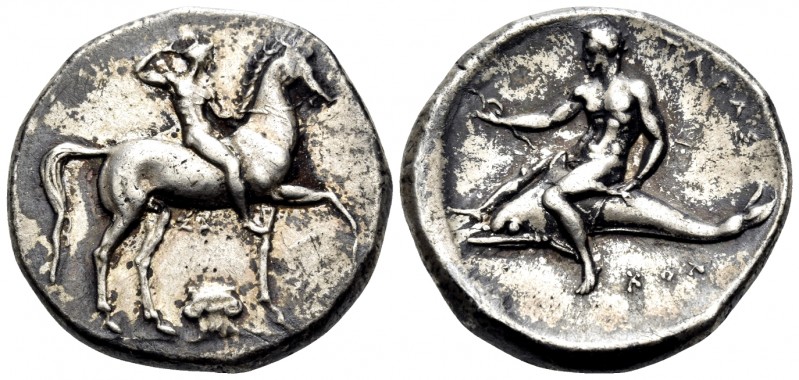 CALABRIA. Tarentum. Circa 302 BC. Stater (Silver, 21 mm, 7.78 g, 10 h). Youthful...