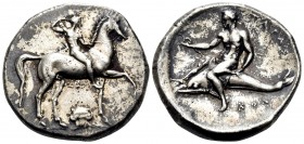 CALABRIA. Tarentum. Circa 302 BC. Stater (Silver, 21 mm, 7.78 g, 10 h). Youthful nude jockey riding horse walking to right, holding the reins with his...