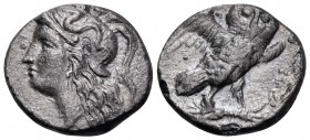 CALABRIA. Tarentum. Circa 302-281 BC. Drachm (Silver, 15.5 mm, 2.93 g, 6 h). Head of Athena to left, wearing crested Attic helmet ornamented with Skyl...