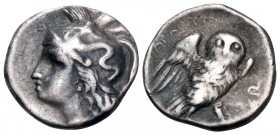 CALABRIA. Tarentum. Circa 302-281 BC. Drachm (Silver, 15.5 mm, 3.23 g, 2 h). Head of Athena to left, wearing crested Attic helmet ornamented with Skyl...