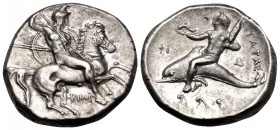 CALABRIA. Tarentum. Circa 290-281 BC. Nomos or Didrachm (Silver, 20 mm, 7.98 g, 12 h), struck under the magistrates Phili... and Phi... Nude rider on ...