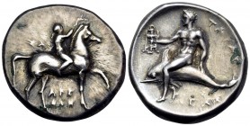CALABRIA. Tarentum. Circa 280-272 BC. Nomos (Silver, 22 mm, 7.98 g, 3 h), struck under the magistrates Sa.., Arethon and Sas... ΣΑ - ΑΡΕ / ΘΩΝ Nude yo...