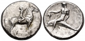 CALABRIA. Tarentum. Circa 280 BC. Nomos or Didrachm (Silver, 20 mm, 7.50 g, 12 h), struck under the magistrates Philiarchos, Sa... and Aga.... [ΦIΛI-A...