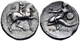CALABRIA. Tarentum. Circa 280-272 BC. Stater (Silver, 20 mm, 6.50 g, 7 h), struck under the magistrates Ar... and Damylos. Nude youth riding horse wal...