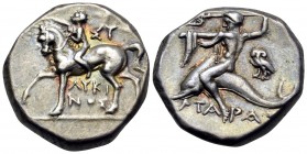 CALABRIA. Tarentum. Circa 272-240 BC. Nomos (Silver, 18.5 mm, 6.48 g, 9 h), struck under the magistrates Su... and Lykinos. ΣY and ΛYKI/NOΣ Nude youth...