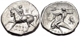 CALABRIA. Tarentum. Circa 272-240 BC. Didrachm or nomos (Silver, 20 mm, 6.61 g, 7 h), struck under the magistrates Lykinos and Sy... Horseman advancin...