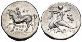 CALABRIA. Tarentum. Circa 272-240 BC. Didrachm or nomos (Silver, 21 mm, 6.43 g, 9 h), struck under the magistrates Lykinos and Sy... Horseman advancin...