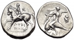 CALABRIA. Tarentum. Circa 272-240 BC. Didrachm or nomos (Silver, 20 mm, 6.32 g, 7 h), struck under the magistrates Lykinos and Sy... Horseman advancin...