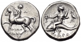 CALABRIA. Tarentum. Circa 272-240 BC. Didrachm or nomos (Silver, 20 mm, 6.55 g, 6 h), struck under the magistrates Philotas and Di... Horseman advanci...