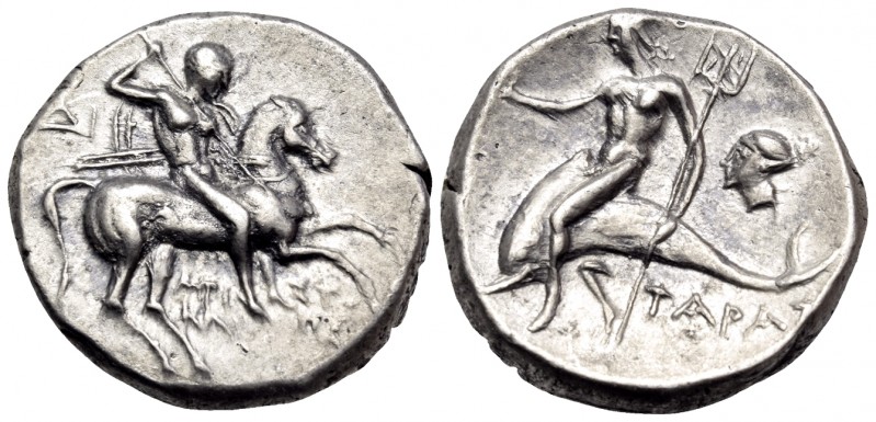 CALABRIA. Tarentum. Circa 240-228 BC. Didrachm or nomos (Silver, 18.5 mm, 6.40 g...