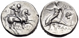 CALABRIA. Tarentum. Circa 240-228 BC. Didrachm or nomos (Silver, 18.5 mm, 6.40 g, 12 h), struck under the magistrates Aristokles and Di... Warrior hol...