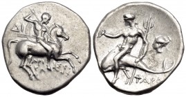 CALABRIA. Tarentum. Circa 272-240 BC. Didrachm or nomos (Silver, 20.5 mm, 6.53 g, 12 h), struck under the magistrates Aristokles and Di... Warrior hol...