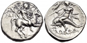 CALABRIA. Tarentum. Circa 272-240 BC. Didrachm or nomos (Silver, 20 mm, 6.53 g, 9 h), struck under the magistrates Di... and Apollonios. Warrior, wear...