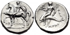 CALABRIA. Tarentum. Circa 270-235. Stater (Silver, 20 mm, 6.69 g, 2 h), struck under the magistrates Euph..., Ariston and Zop... Naked horseman to lef...